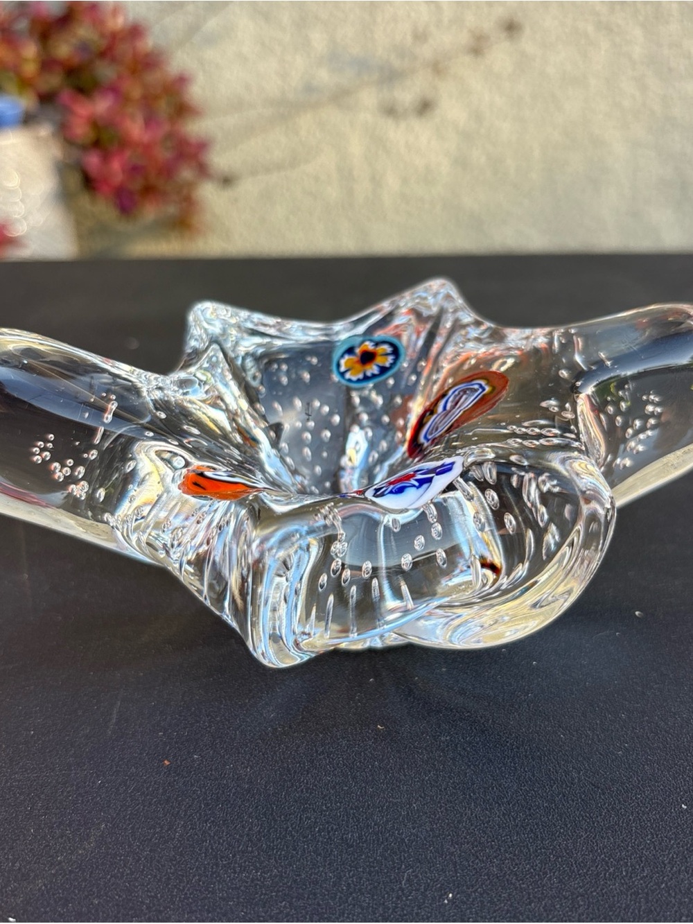 VTG MURANO ART GLASS MILLEFIORI ABSTRACT PAPERWEIGHT TRINKET DISH CLEAR BUBBLES
